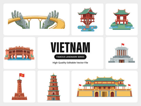 Vietnam Famous Landmarks and Iconic Architecture Collection, Flat Vector Illustration Asset Set of 10 Historic Monuments and Travel Destinations
