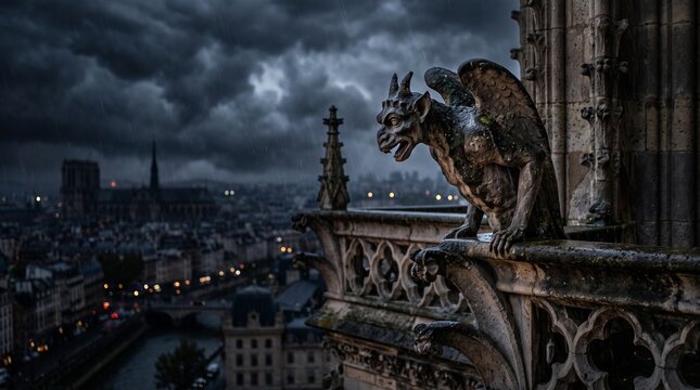 Gargoyle on Notre Dame Cathedral rooftop overlooking Paris on a stormy Halloween night with rain