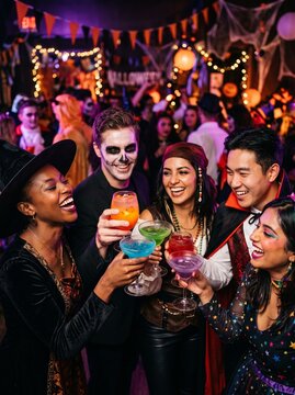 Diverse group of friends in Halloween costumes celebrating with colorful cocktails at a spooky party