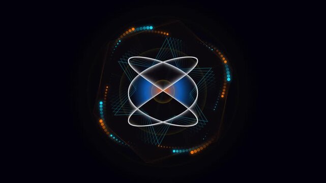 Motion graphics animation of futuristic energy core rotating with glowing particles on dark modern background with neon glow for broadcast commercial