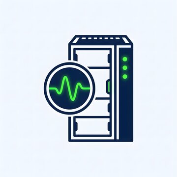 Digital server infrastructure icon with network signal analysis and data monitoring focus