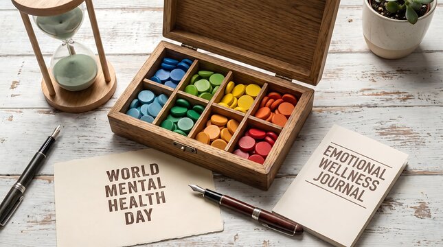 Mental health awareness concept with colorful tokens, journal, and hourglass on desk