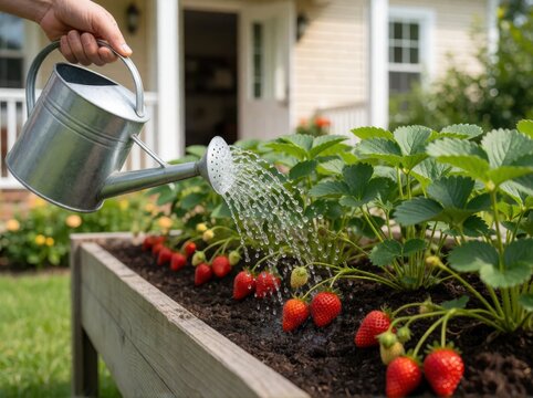 A person waters a lush raised strawberry bed with a vintage metal watering can in a sunny garden.
