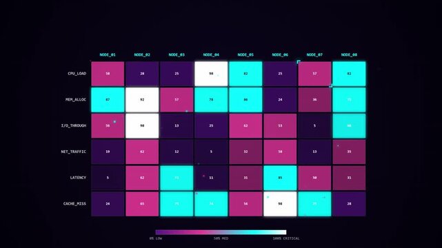 Digital Data Heatmap Chart Displaying Performance Analytics on a Dark Cyber Background