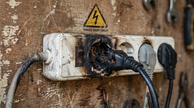 A dangerously burned and melted power strip remains plugged into a worn wooden wall, serving as a stark reminder why faulty electrical equipment should be kept unplugged