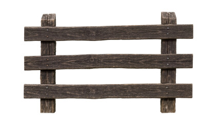 Rustic wooden fence with three horizontal planks and vertical posts, isolated on transparent...