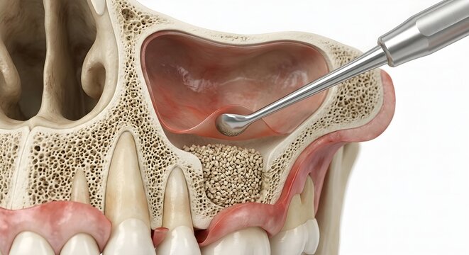 Detailed 3D Medical Illustration of Maxillary Sinus Lift Procedure Elevating the Membrane with Bone Graft