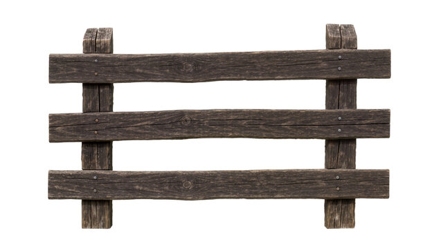 Rustic wooden fence with three horizontal planks and vertical posts, isolated on transparent background