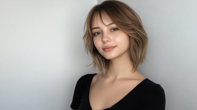 Portrait of a Beautiful Young Woman with Trendy Bob Haircut