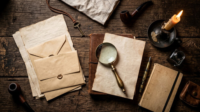 Vintage desk arrangement with old letters, magnifying glass, inkwell and burning candle