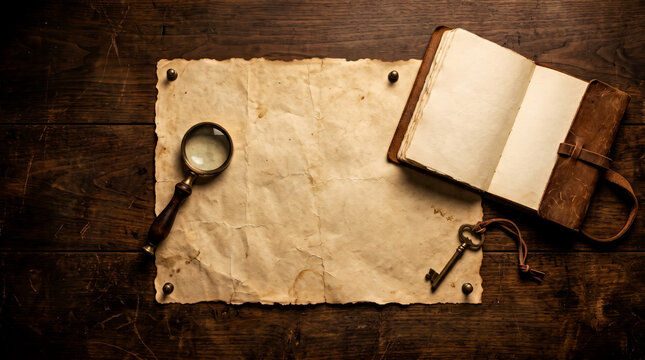 Vintage leather journal with old parchment paper map, magnifying glass, and antique key on dark wood