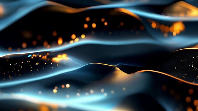 Abstract wavy patterns with glowing orange particles in a dark background