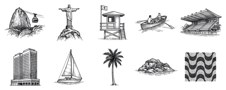 Brazil travel icons set. South American tourism and landmark concept. Includes Sugarloaf Mountain, Christ the Redeemer, lifeguard tower, rowboat, stadium, skyscraper, sailboat, palm tree,