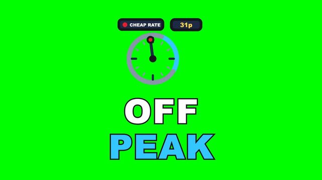 4K green screen OFF PEAK animated text - the hand crossing into the cheap rate band, kinetic typography energy and utilities overlay for bills content and social media, chroma key