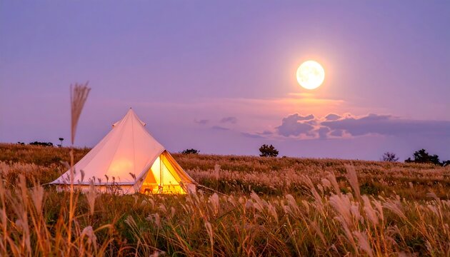 Illuminated Glamping Bell Tent in Pampas Grass Field Under Full Moon at Dusk