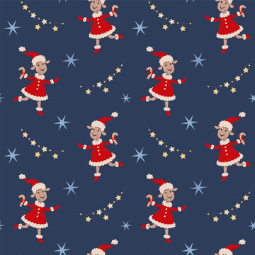 Christmas wallpaper with cute caroon characters and stars. Vector seamless pattern with a symbol of new year and garlands of stars. Repeat texture for textile or wrapping paper with nice sheeps.