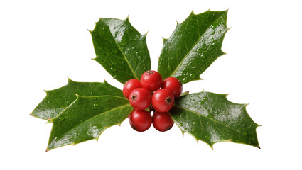 Glossy green holly leaves with red berries, isolated on transparent background © Piotr