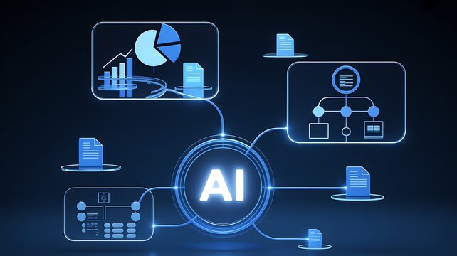 AI network connecting various data and workflow diagrams, representing artificial intelligence in business and technology