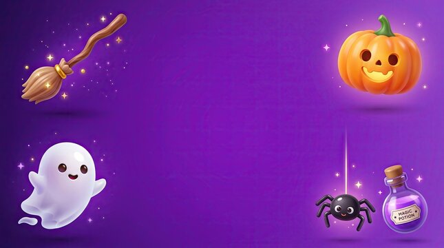 Whimsical 3d art for a happy halloween greeting card or letter, featuring cute glowing spooky elements: pumpkin, ghost, and broom, on vibrant purple.