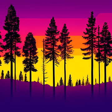 Colorful 3D Pine Forest Silhouette at Sunset with Vibrant Sky