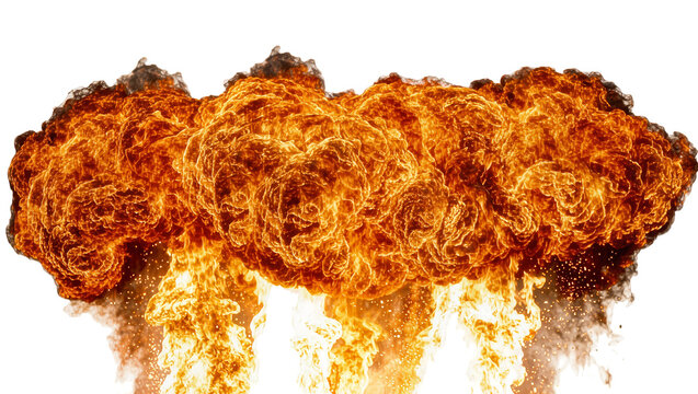Massive fiery explosion with smoke and debris, isolated on transparent background