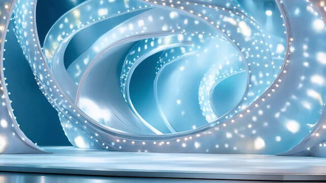 Futuristic blue spiral stage with twinkling lights and abstract design