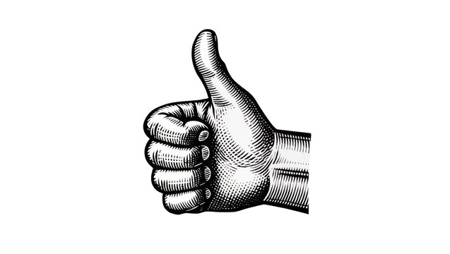Engraved hand giving thumbs up gesture, isolated on transparent background