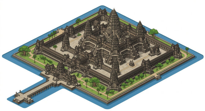 Isometric Angkor Wat Temple Architecture Vector for Southeast Asian World Heritage Landmark