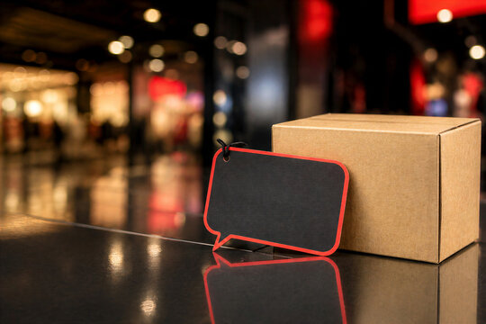 Black Friday Cyber Monday Sale Blank Price Tag and Shipping Box Mockup in Retail Store