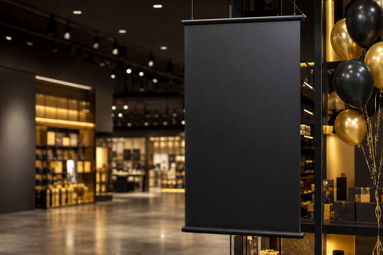 Black Friday Cyber Monday Sale Blank Hanging Banner Mockup in Luxury Retail Store