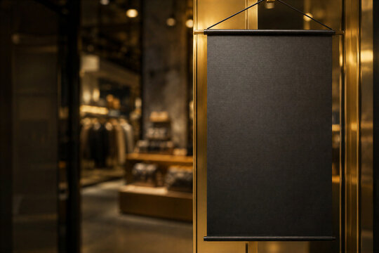 Black Friday Cyber Monday Sale Blank Vertical Banner Mockup at Luxury Store Entrance