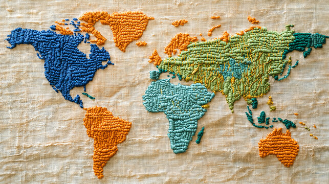 린넨 패브릭 위 핸드메이드 컬러풀 텍스타일 실 세계지도, Handcrafted colorful textile yarn world map on linen fabric