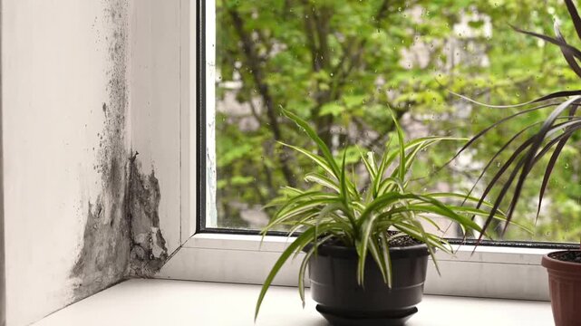 Humidity causes black mold on wall near window with houseplant on sill. Dark fungus spreads across white slope from poor air circulation. Mold needs urgent cleaning and proper ventilation.