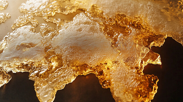 빛나는 황금빛 질감의 세계지도 지형 클로즈업, Close up of glowing golden textured world map terrain