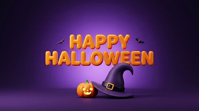 Cheerful 3d happy halloween text, witch hat, and pumpkin on a purple background with bats, forming a festive greeting card ideal for a letter.