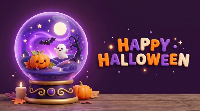 A vibrant 3d illustration wishing 'happy halloween' with a cute ghost and pumpkin inside a glowing purple snow globe, perfect as a festive greeting card or letter on a dark background.