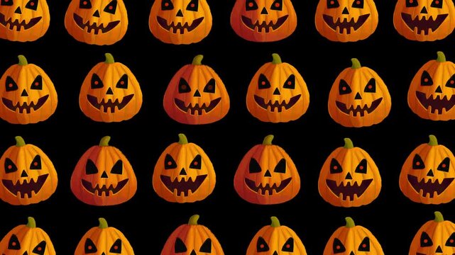 Hand-painted Halloween Jack O Lantern pattern animated loop with transparent background. Creepy gothic 2D motion graphics horizontal video overlay with alpha channel
