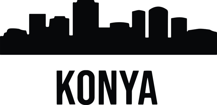 Konya City Skyline Silhouette with Bold Typography on White Background