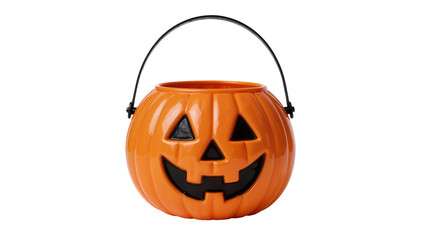 Orange plastic jack-o-lantern candy bucket with black handle, isolated on transparent background © Piotr