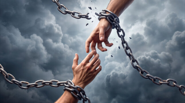 Breaking heavy metal chains from wrists as two hands reach toward each other. Dramatic scene of liberation and connection against dark stormy clouds.