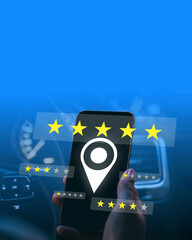 Obraz premium Feedback rating displayed on a smartphone inside a car at night with a clear blue background
