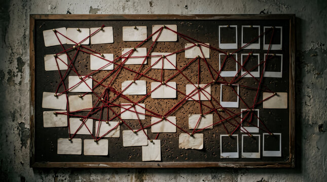 Vintage detective cork board with connected notes and red string conspiracy theory investigation
