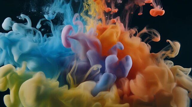 Abstract dynamic swirls of vibrant colored ink merging and dissolving in dark water, creating ethereal cloud-like formations.