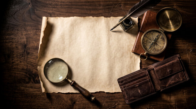Vintage parchment paper map with compass, magnifying glass, feather quill, and leather wallet
