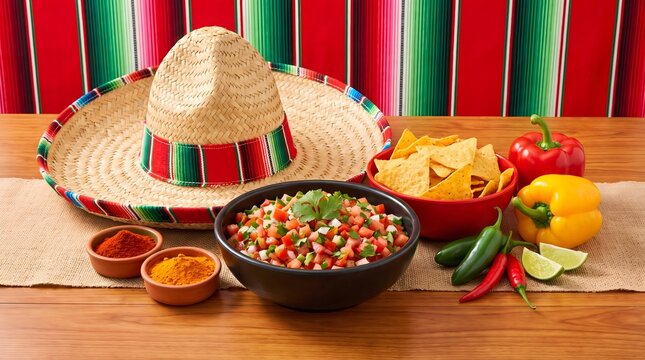 Mexican Salsa with Nachos, Sombrero and Fresh Vegetables on Wooden Table