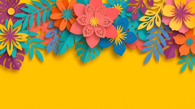 Colorful Paper Cut Flowers Border on Yellow Background with Copy Space