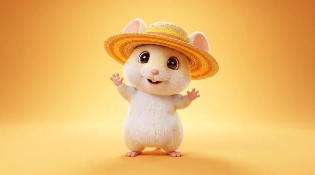 Cute Cartoon Hamster Character Wearing Straw Sun Hat on Orange Background