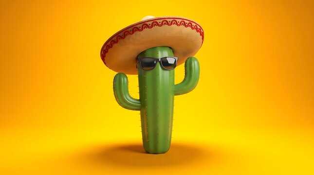 Cute 3D Cactus Character Wearing Sombrero and Sunglasses on Yellow Background