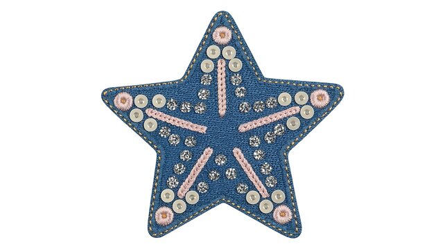 Blue denim star applique with intricate embroidery, glitter and sequins, handcrafted textile patch for clothing, accessories and diy projects on transparent background 