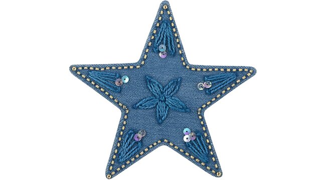 Blue denim star applique with intricate embroidery, glitter and sequins, handcrafted textile patch for clothing, accessories and diy projects on transparent background 